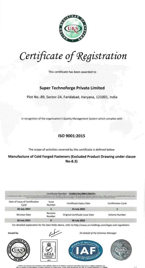 ISO 9001:2015 Certificate - Super Technoforge